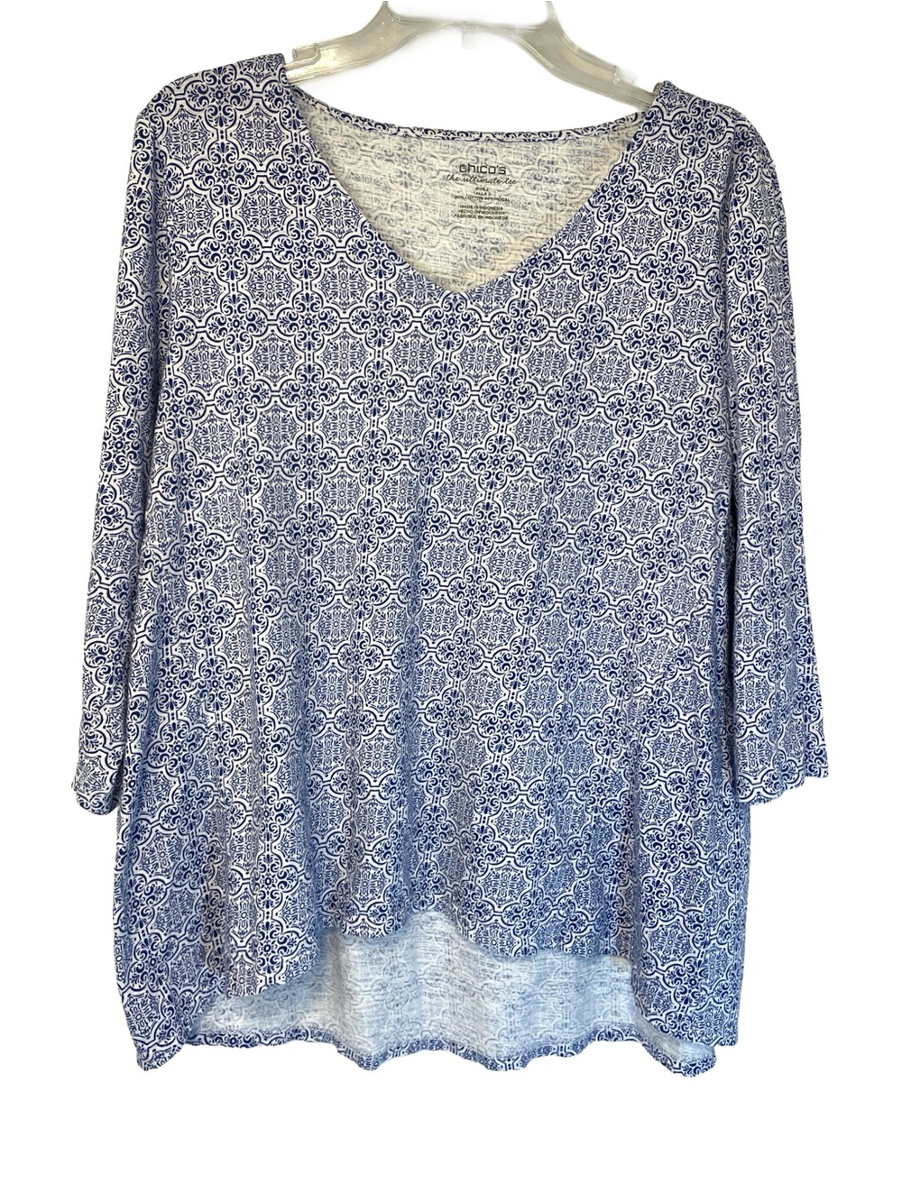 Chico's Blue Patterned V-Neck Tunic Top Women’s Size 2 - Large
